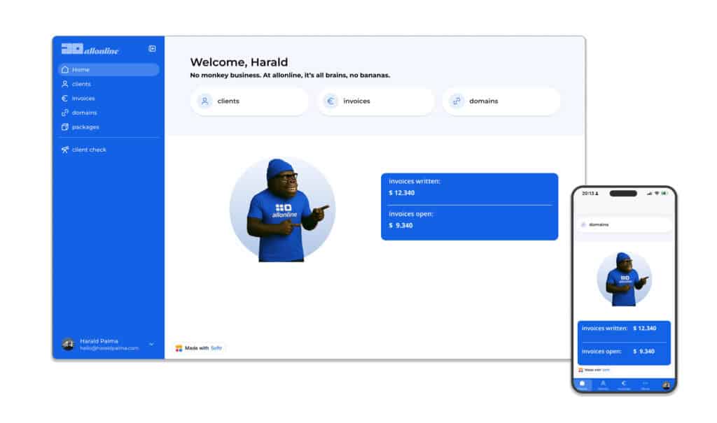 Harald Palma digital dashboard for online business management.